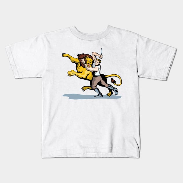 Man Fighting Lion with Dagger  Retro Kids T-Shirt by retrovectors